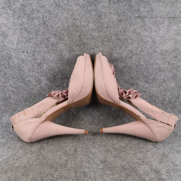 Qupid Shoes Womens 7 High Heel Platform Pumps Peep Toe Ruffle T Strap Back Zip - Picture 9 of 14